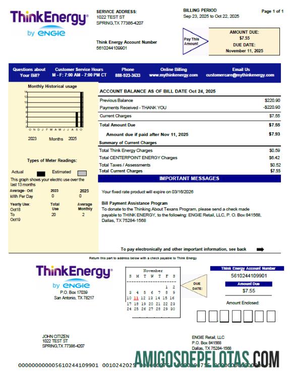em branco Modelo de conta de serviços públicos Think Energy dos EUA em formatos Word e PDF, versão 2